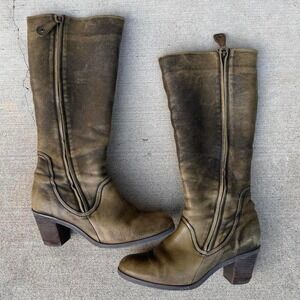 ARNOLD CHURGIN OLIVE OVERDYED ZIP UP KNEE-HIGH HEEL BOOTS